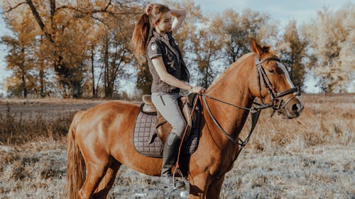 Photograph of a Woman Riding a Brown Horse