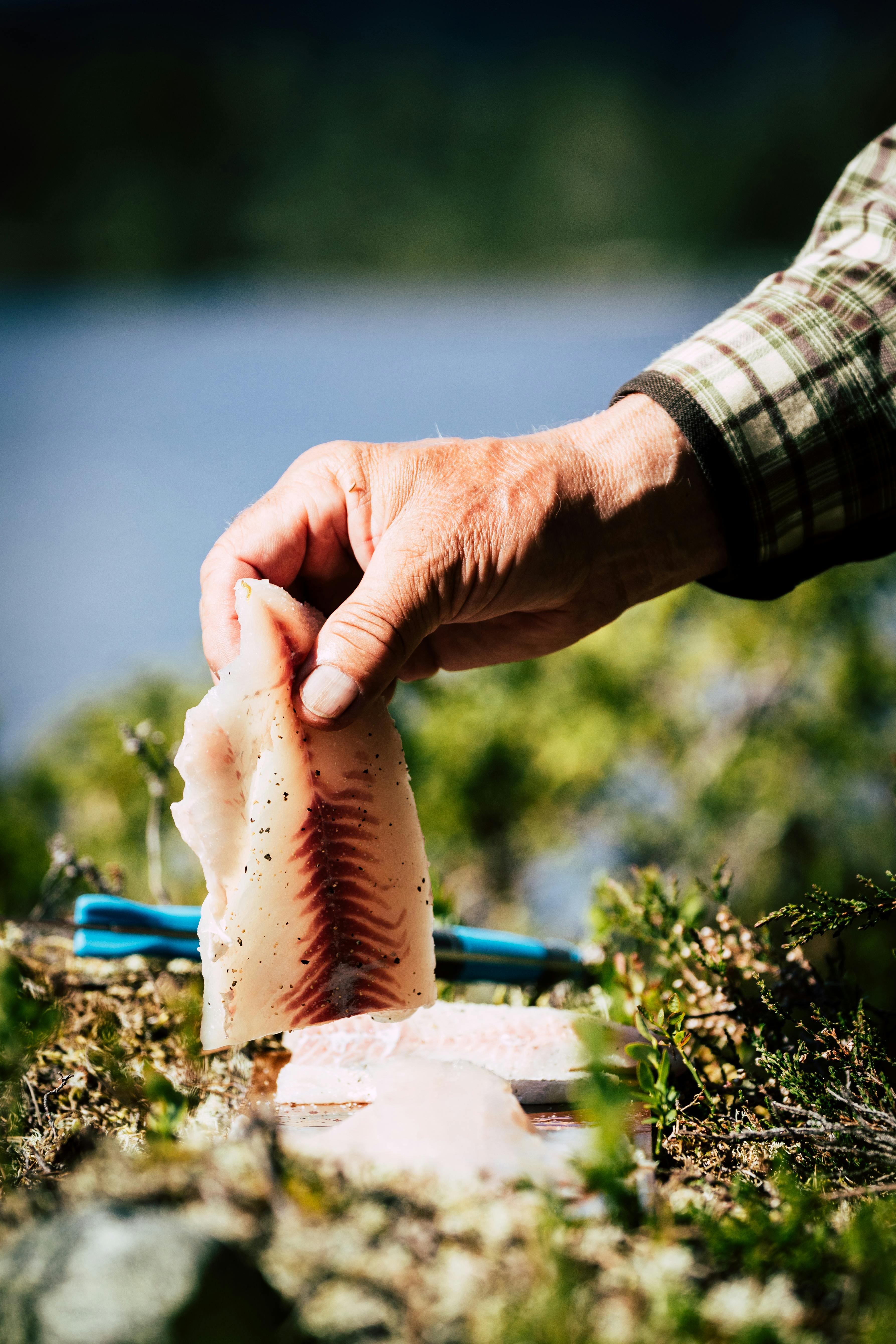 A person holding fresh fish fillet by a lake, showcasing the raw texture and natural setting.