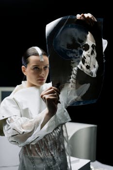 A female scientist examines a human skull X-ray in a laboratory setting, highlighting medical research.