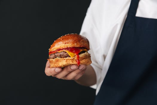Appetizing cheeseburger with ketchup dripping, held by a hand. Perfect fast food concept.