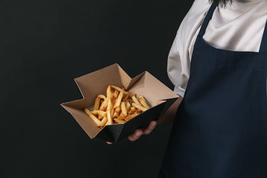 Tasty french fries served in a cardboard container held by a person wearing an apron against a black background.