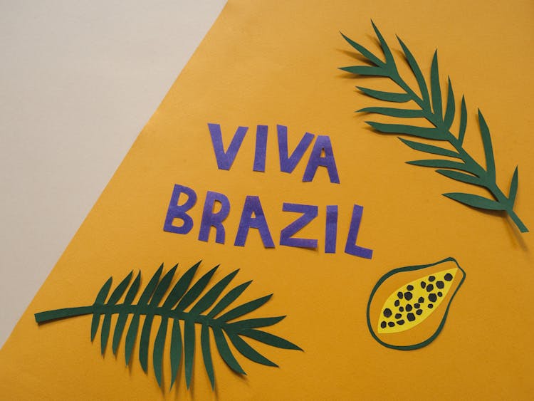 A Viva Brazil Paper Cut Outs With Papaya Fruit Drawing And Paper Leaves