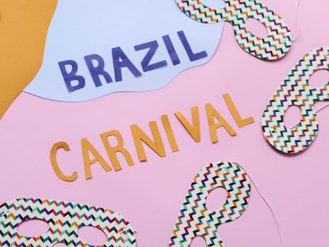 Bright and colorful collage of Brazil carnival masks on a pink background, celebrating Rio's festive spirit.