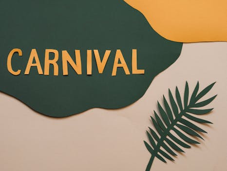 Vibrant carnival-themed paper cut-out design with green and yellow colors.