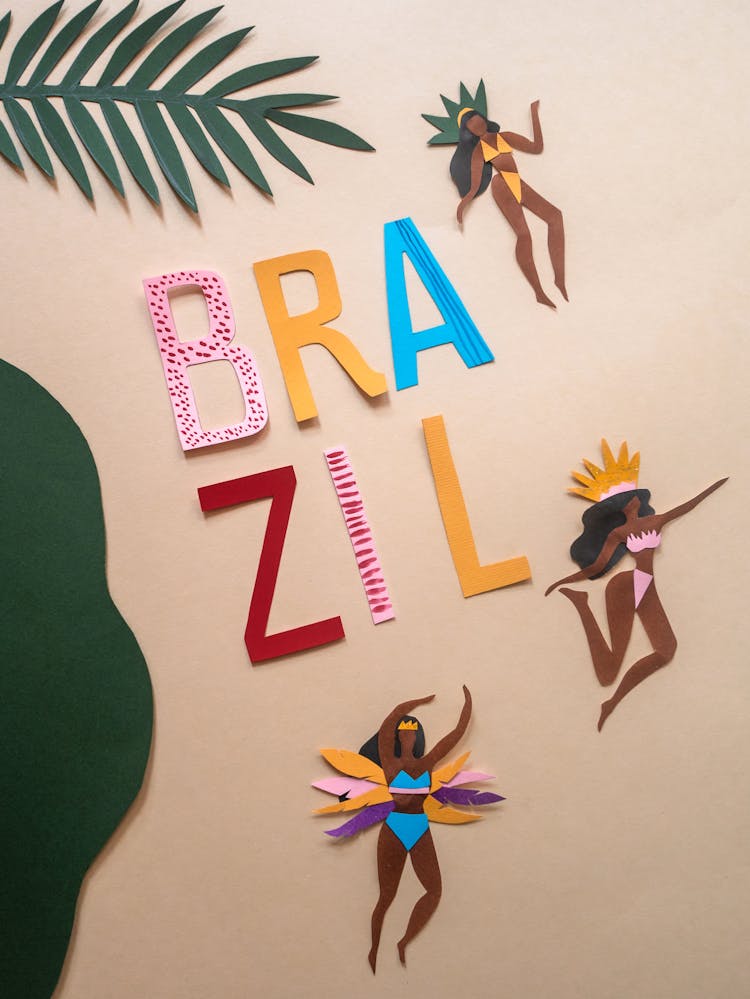 Brazil Design Template With Leaves And Dancing Women Made Of Colored Paper Cut Outs
