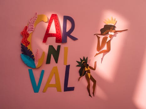Vibrant paper cutout design with carnival theme on a pink backdrop featuring dancers and text.