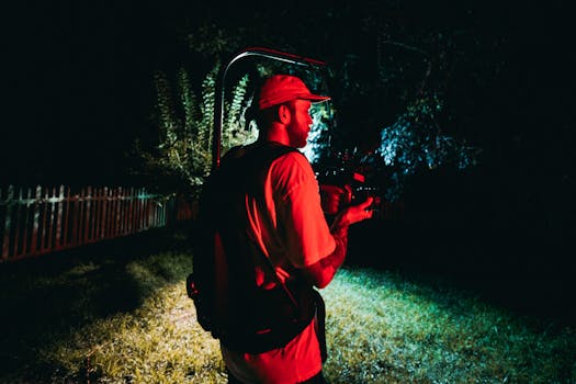 A videographer filming a scene at night with colorful lighting effects.