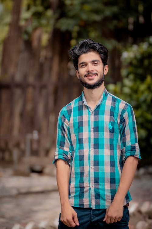 Man with a Beard Wearing a Blue Plaid Shirt