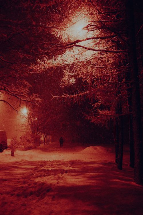 Free A person walks through a snow-covered park at night, illuminated by streetlights, creating a serene winter scene. Stock Photo