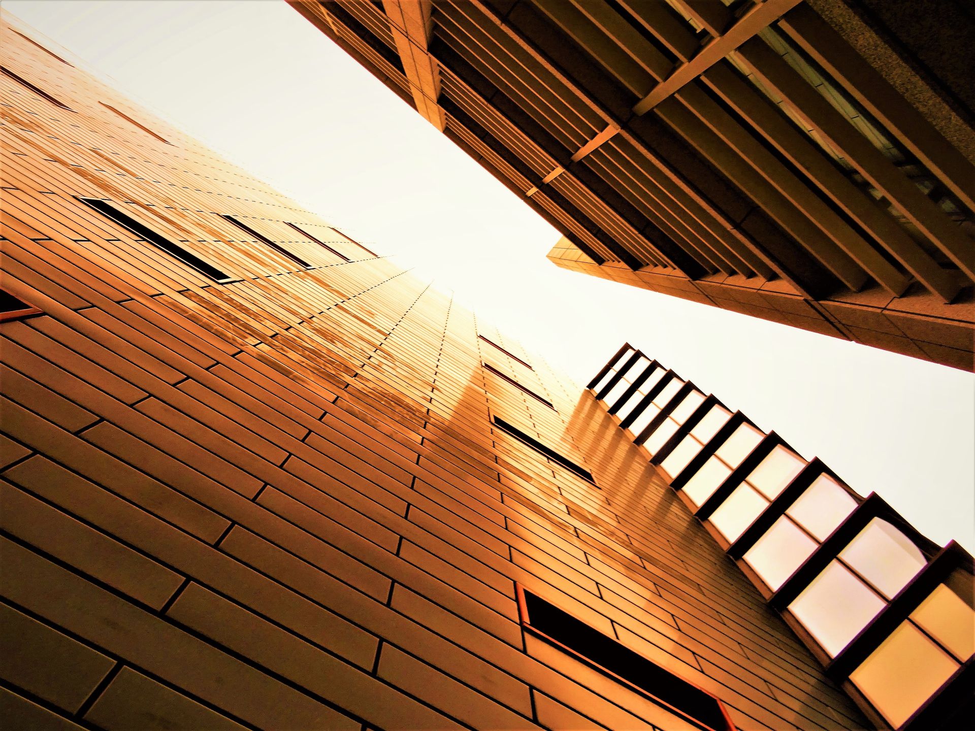 Low angle view of modern buildings with a warm glow and glass facades.