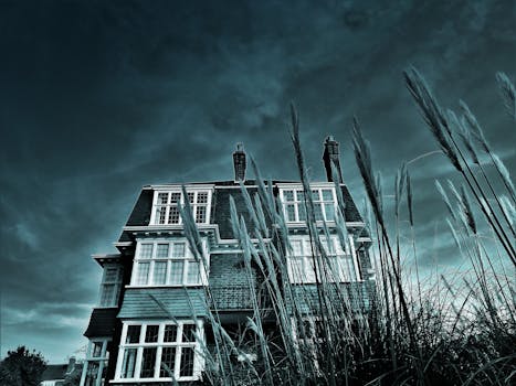 低角度镜头以喜怒无常的视角，捕捉了戏剧性天空下被高草环绕的经典建筑