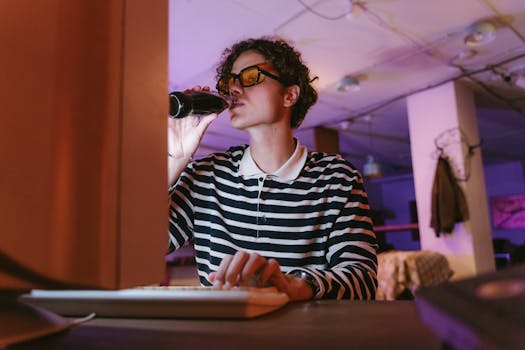 A young man with glasses drinks soda while working on his computer in a vintage office setting.