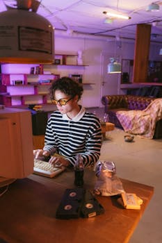 Person in a striped shirt typing on a vintage computer in a stylish room.