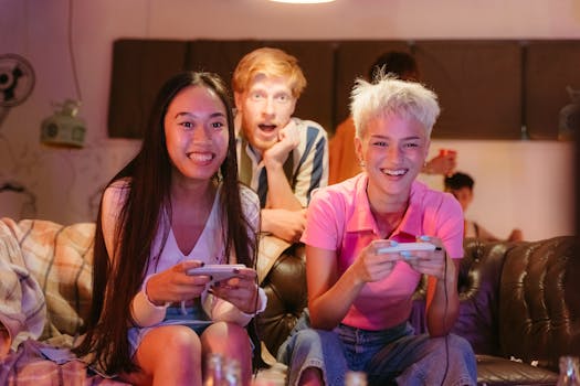 A group of diverse friends enjoying a gaming session indoors with smiles and laughter.