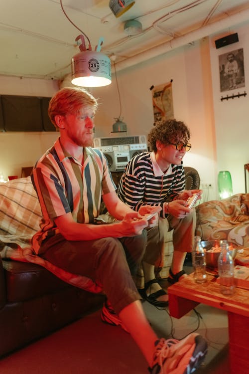 비디오 게임 콘솔을 하는 소파에 앉아 있는 십대 소년들