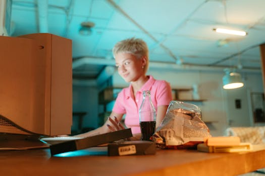 A teenager in a pink polo shirt engages with a vintage computer, surrounded by snacks, giving off a nostalgic 80s vibe.