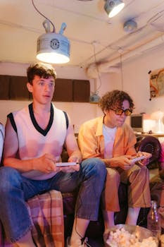 Two young men intensely playing video games in a cozy, dimly lit basement setting.