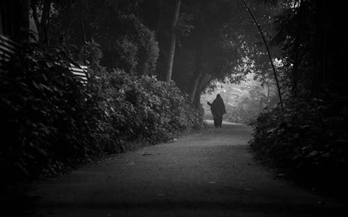 Grayscale Photo of a Person Walking on the Dirt Road