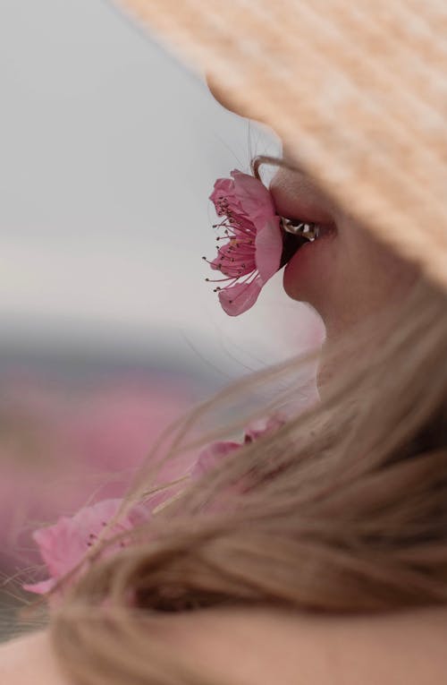 Free A Person with Pink Flower on Her Mouth Stock Photo