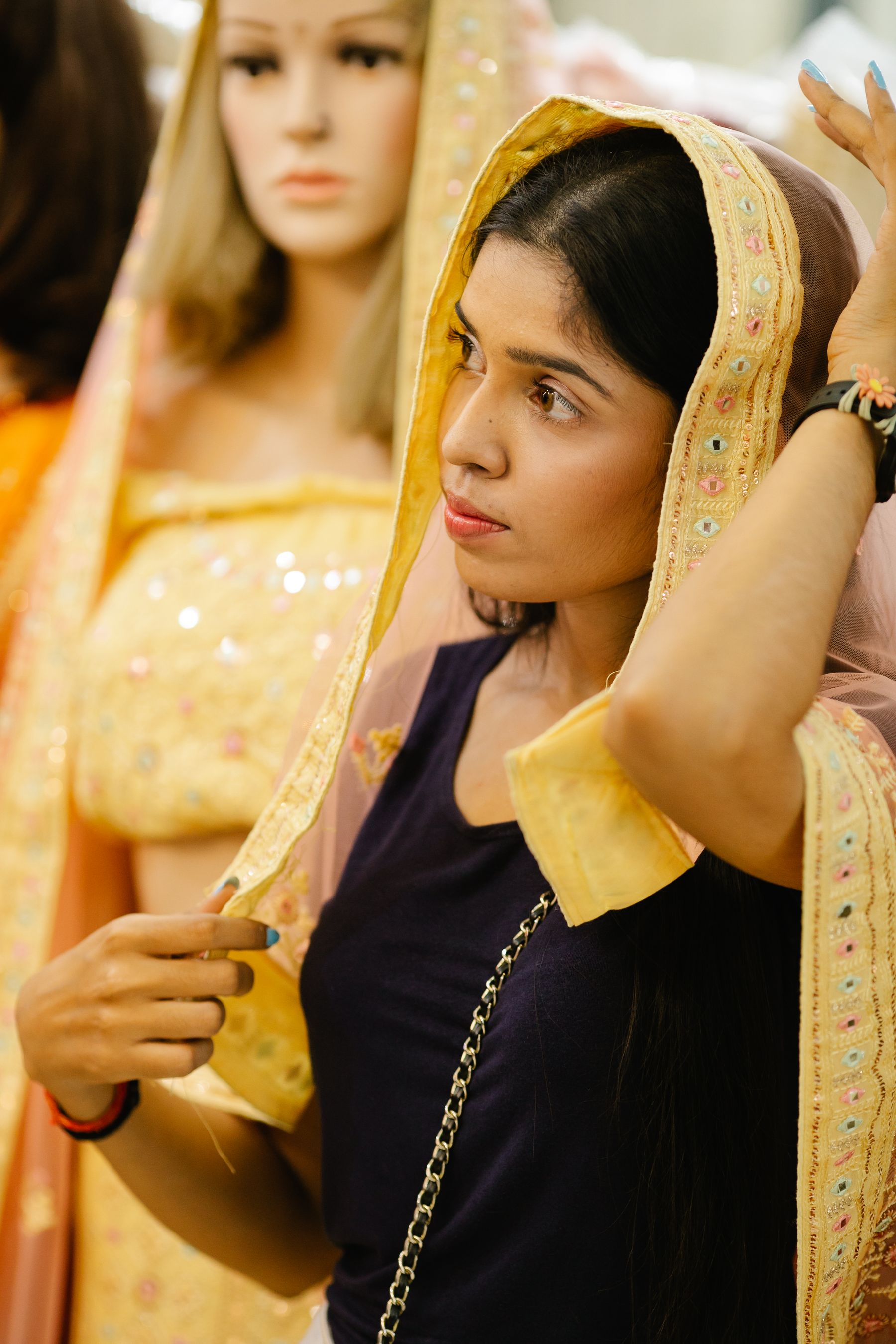 Woman wearing a colorful shawl