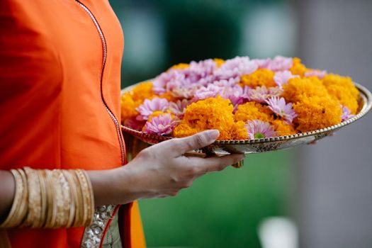 Close-up of Woman Holding a Tray with Flowers 