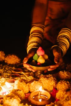 A vibrant depiction of a traditional ceremony with candles, sweets, and bracelets, creating a warm festive ambiance.