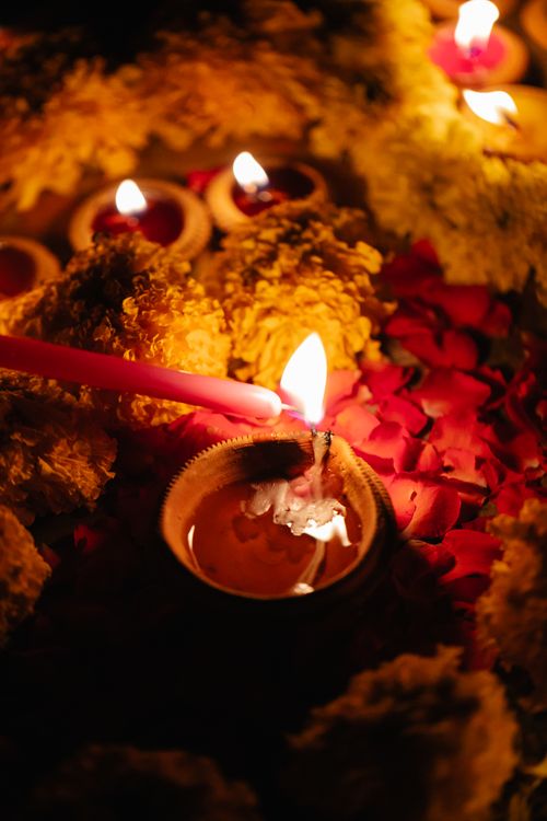 Free Candles illuminating a vibrant floral array, capturing festive warmth and tradition. Stock Photo