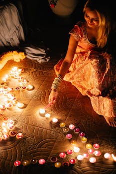 A woman in traditional dress lights candles on the floor during an Indian festival ceremony.