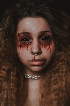A portrait showcasing a Halloween-inspired, horror-themed makeup look with dramatic effects.