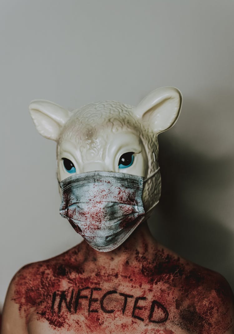 Person In Blood In Sheep Mask And Face Mask