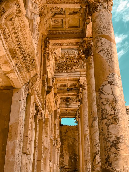 Free Stunning low angle view of the ancient Library of Celsus in Ephesus, Turkey with ornate columns. Stock Photo