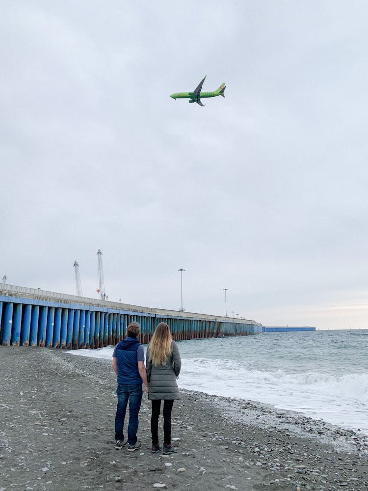 Back View Of A Couple Standing On The Beach And Looking At A Plane Flying Over Them 