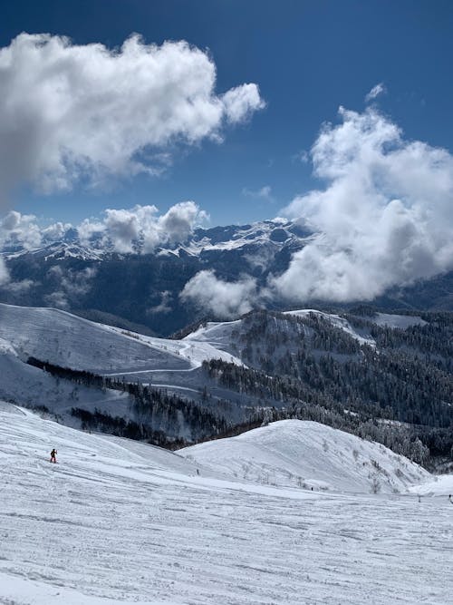 A Snow Covered Mountain with Trees Under the Blue Sky and White Clouds