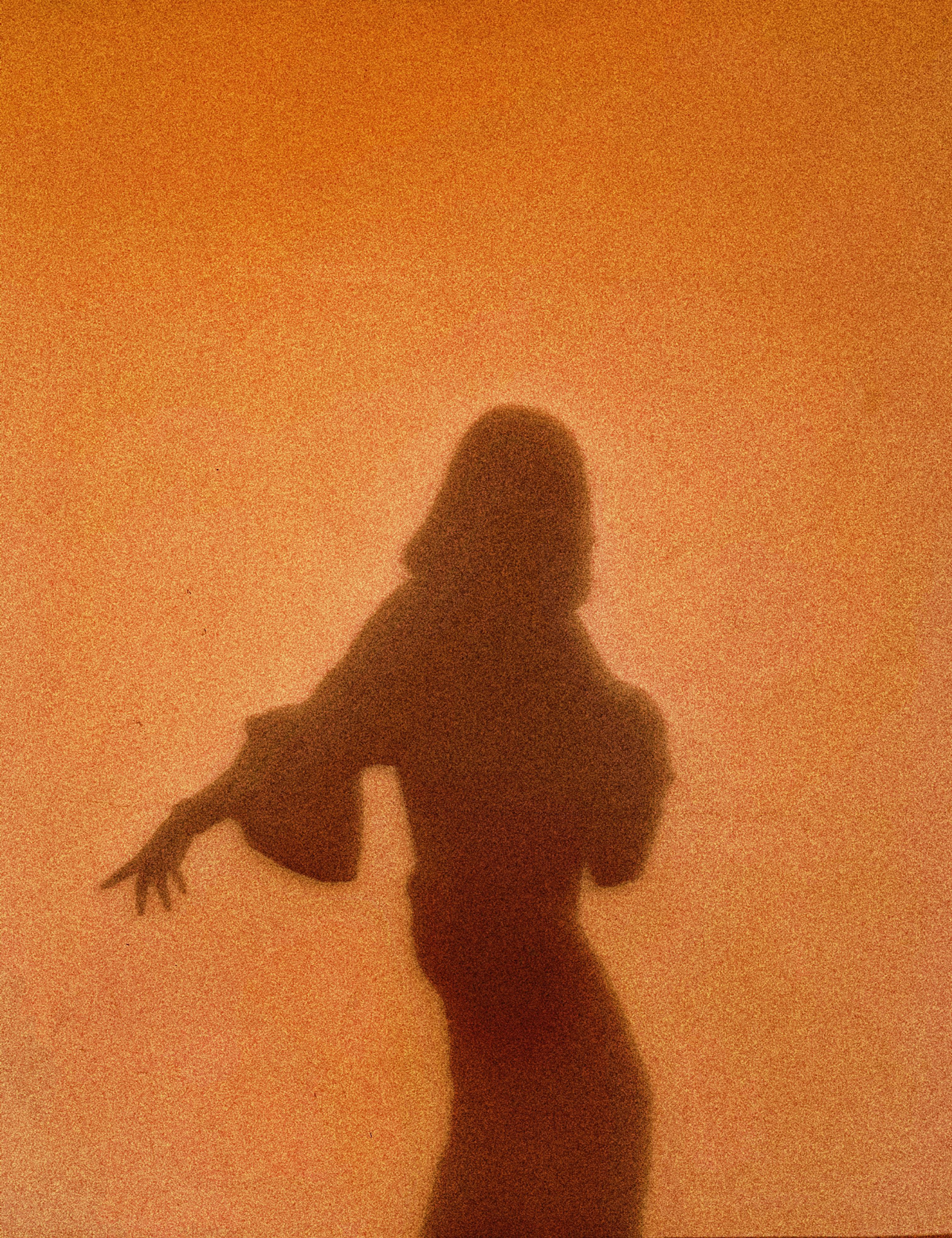 Artistic silhouette of a woman posing against a warm orange background.