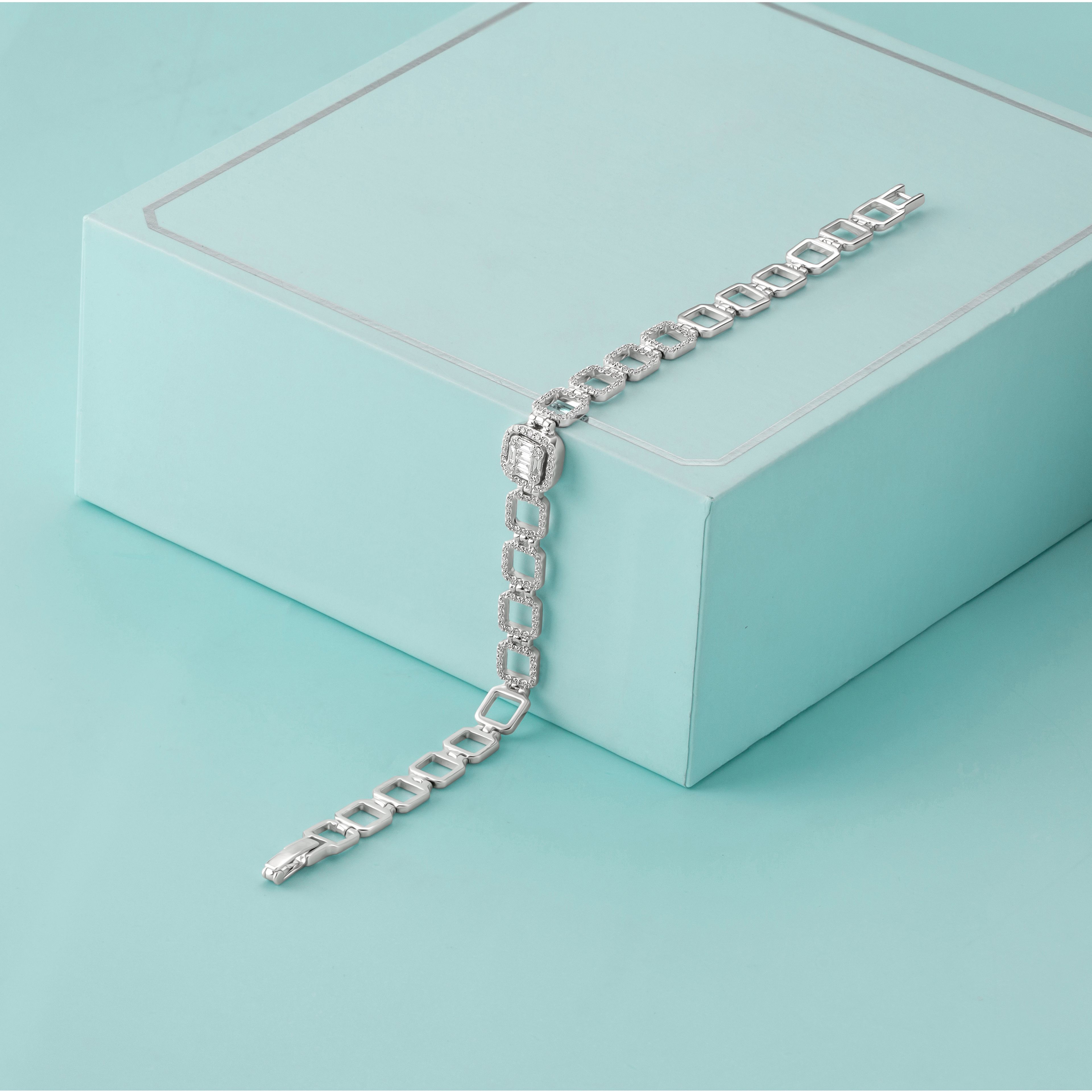 The pave link bracelet resting in its case