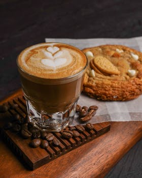 Enjoy a cappuccino with latte art and a cookie on a rustic wooden tray.