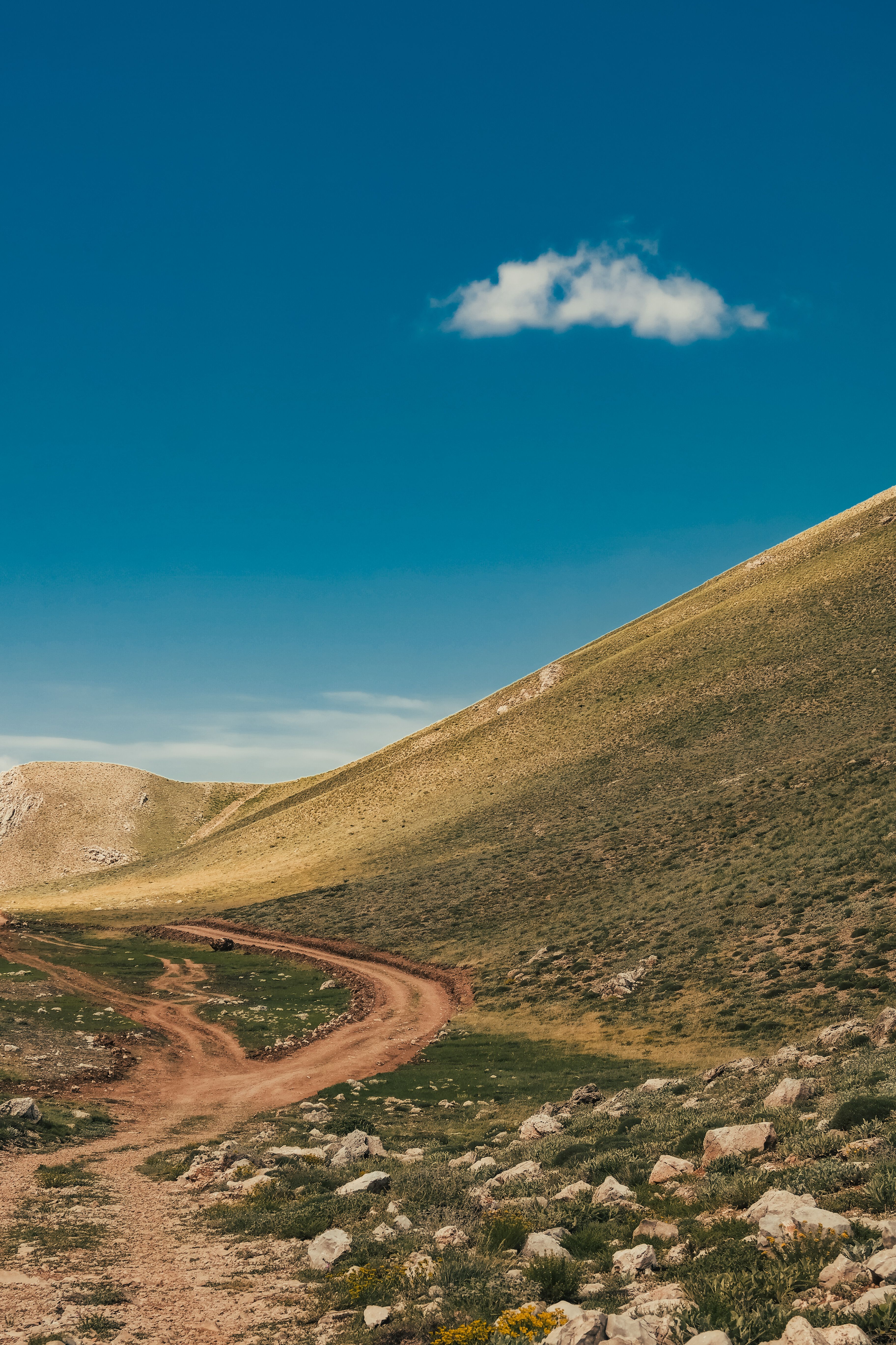 Breathtaking view of a dirt road winding through Turkish mountains under a clear blue sky.