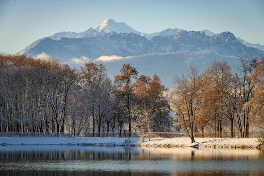 Serene winter landscape with mountains, trees, and a tranquil lake.