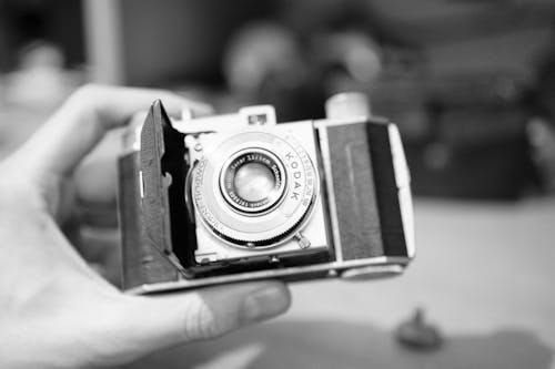 Grayscale Photo of a Person Holding a Camera
