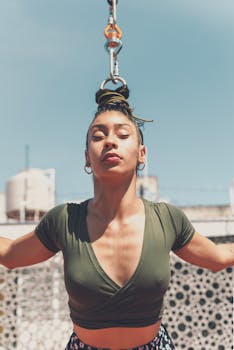 A young woman gracefully hangs during an outdoor aerial yoga session under a clear blue sky.