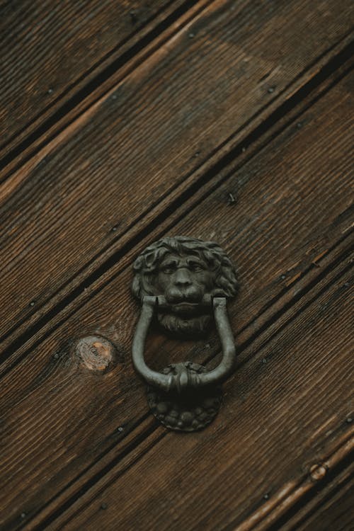 Black Metal Door Handle on a Wooden Surface