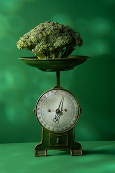 A classic green scale weighing fresh broccoli, set in an artistic still life.