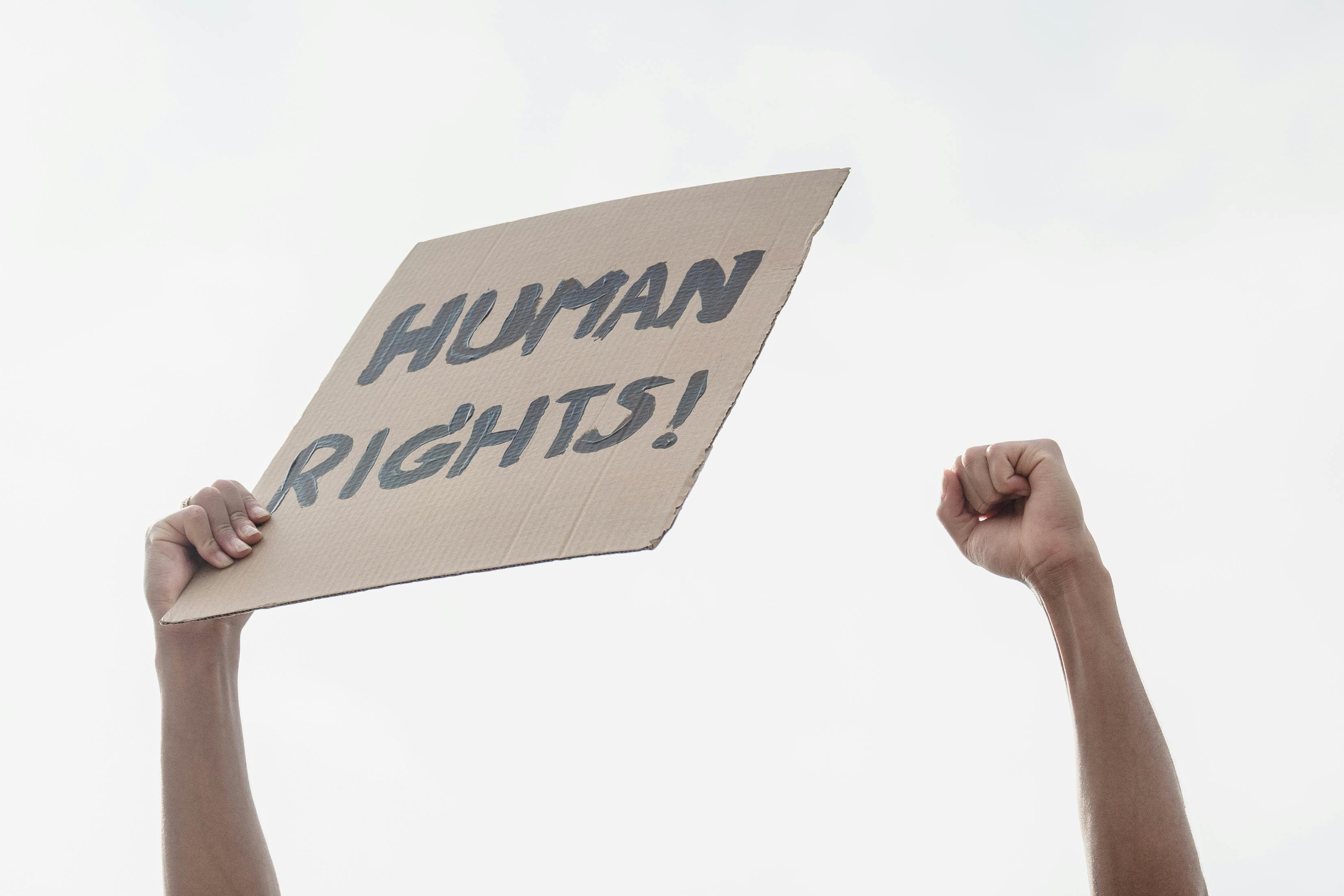 Person holds a sign reading “Human Rights!” with a raised fist beside it.