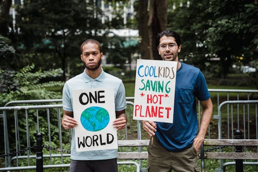 Two men hold protest signs advocating for climate action, standing outdoors.