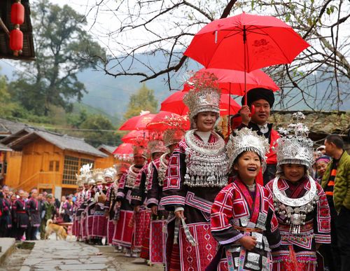 Free A vibrant cultural procession with colorful traditional attire and festive red umbrellas. Stock Photo