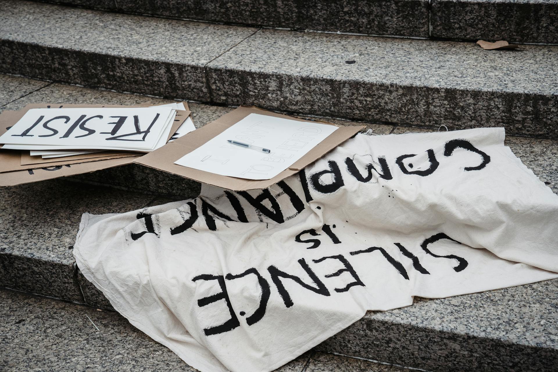 Protest Banners Lying on Steps