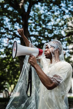 Man in a raincoat holding a megaphone during a protest in a park.