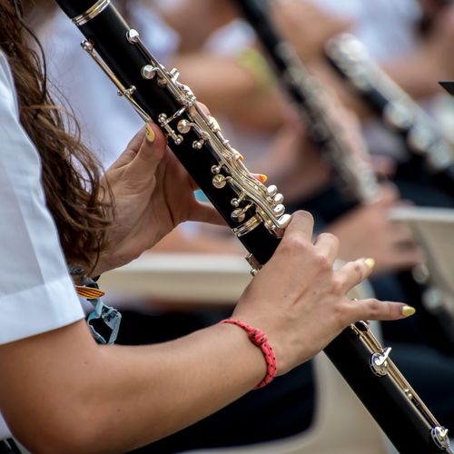 Free Musician playing the clarinet in an outdoor performance. Focus on hands and instrument. Stock Photo