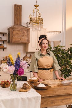 Woman in an apron stands in a rustic kitchen surrounded by ingredients and a bouquet of flowers.