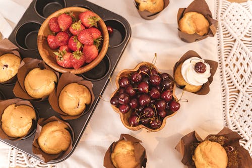 Muffins and Bowls of Fruit